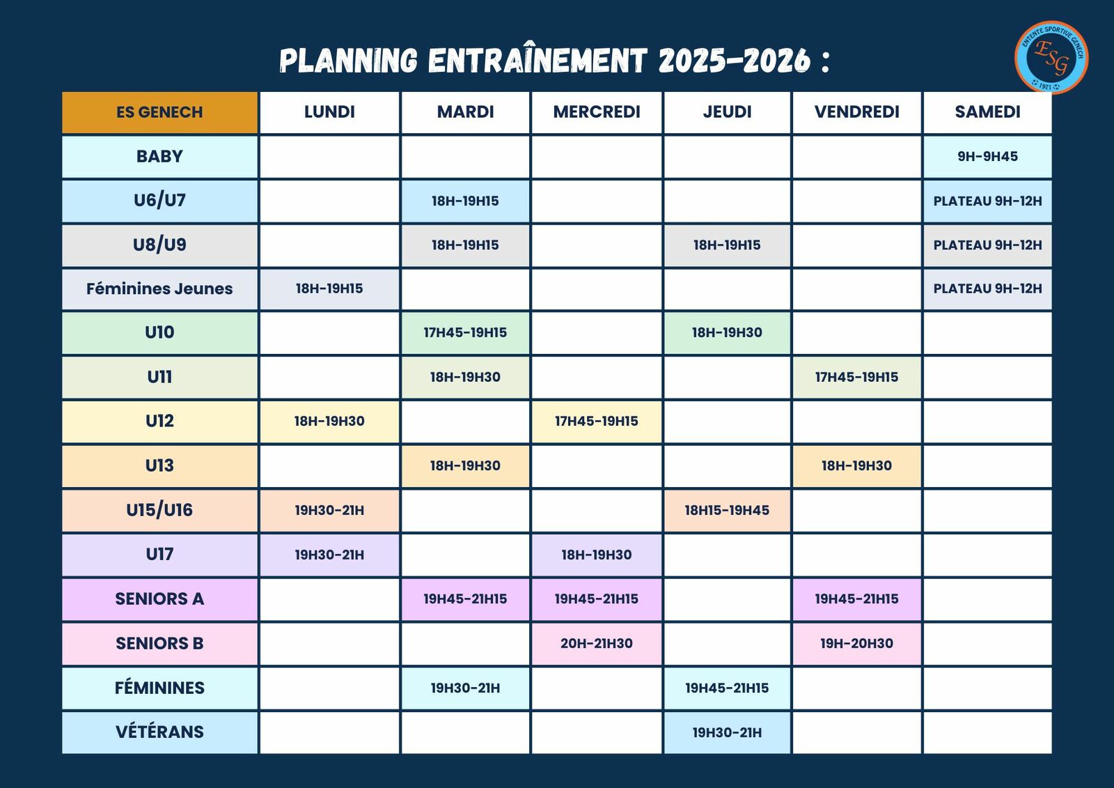 Calendrier des entraînements