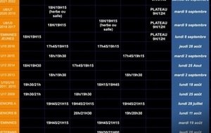 Tableau des entraînements et horaires 2025-2026