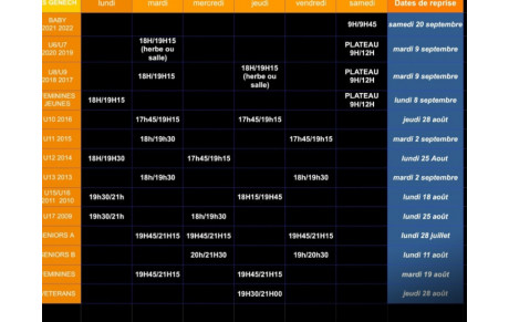 Tableau des entraînements et horaires 2025-2026